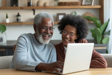 Ethnic senior couple having a video call on a laptop at home