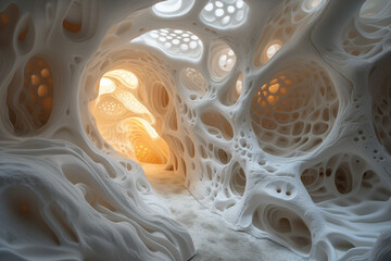 Poster - Abstract 3d rendered white cave.Fractal design. Parametric. Artificial. Background image. Created with Generative AI technology