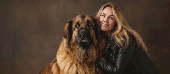 Wall Mural - A woman is accompanied by a large brown dog, a carnivorous companion from the working dog breed, displaying a friendly smile with its snout.