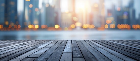 Poster - A beautifully designed wooden deck overlooks the electric blue city skyline with perfect symmetry, creating a relaxing outdoor room.