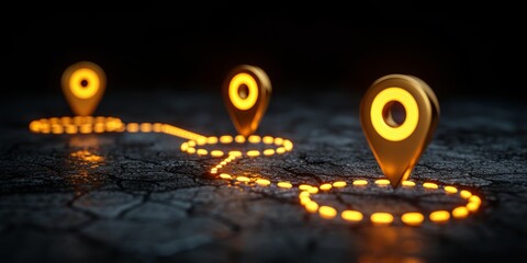 Poster - Illuminated GPS Location Pins Mapping a Journey Across a Digitally Conceptualized Terrain, Generative AI