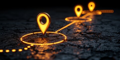Poster - Illuminated GPS Location Pins Mapping a Journey Across a Digitally Conceptualized Terrain, Generative AI