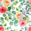 seamless pattern purple roses flowers with eucalyptus greenery bouquet top view cut out, PNG trasnparent