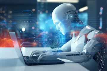 Poster - modern AI robot working on cyber security, futuristic digital security technology, artificial intelligence in cyber security, cyber background, tech wallpaper   