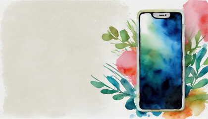 Poster - Smartphone icon, watercolor art, canvas background, copy space on a side