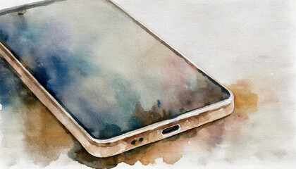 Poster - Smartphone icon, watercolor art, canvas background, copy space on a side