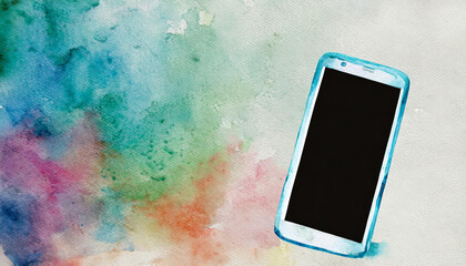 Poster - Smartphone icon, watercolor art, canvas background, copy space on a side