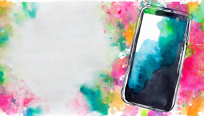 Poster - Smartphone icon, watercolor art, canvas background, copy space on a side