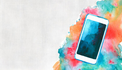 Poster - Smartphone icon, watercolor art, canvas background, copy space on a side