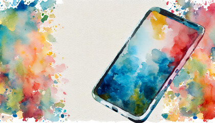 Poster - Smartphone icon, watercolor art, canvas background, copy space on a side