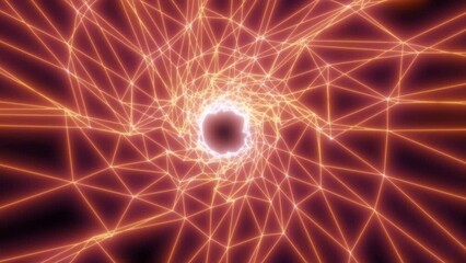 Poster - Shiny yellow orange energy digital tunnel plexus made of lines and triangles hi-tech futuristic magical glowing bright round frame abstract background