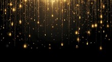 Shiny Golden Rain With Sequins Falling On Black Background, Festive Background With Sparkling Particles, For Party, Poster, Greeting Card