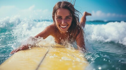 A young happy girl on a surfboard rides a wave in tropical waters against the backdrop of a seascape. Beach holiday background