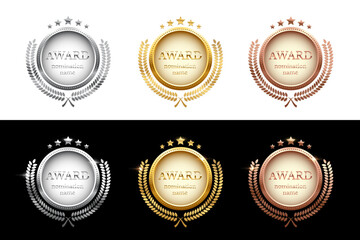 Wall Mural - medals for first, second, third place with laurel wreath and text award nomination name. gold, silve