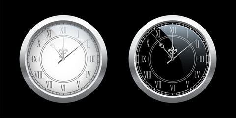 Poster - Vintage silver clock face set, elegant roman numerals clock isolated on black background. Realistic classical watch with white and black dial. Time scale under glass. Vector illustration