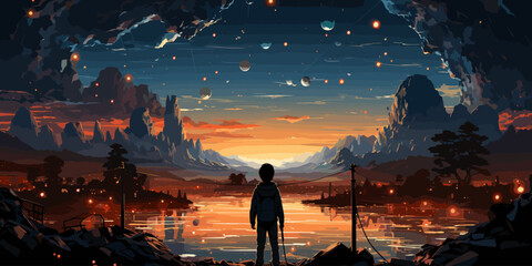 Wall Mural - boy standing and looking at the magic rocks floating in the sky, vector illustration