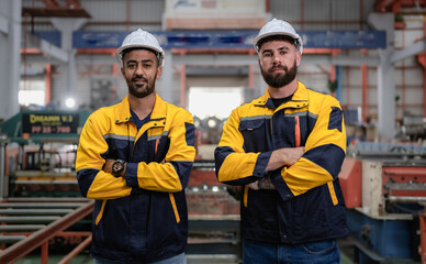 Wall Mural - Group of people wear safety helmet uniform standing together in factory. Engineer technician team in hardhat working in manufacturing. Multicultural colleague caucasian latin men in steel production.