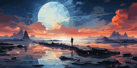 Wall Mural - Traveler walks on a rock that floats in the sky, digital art style, illustration painting