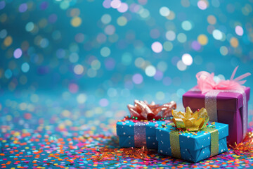 Poster - Colorful birthday gifts slide background.. Created with Generative AI technology