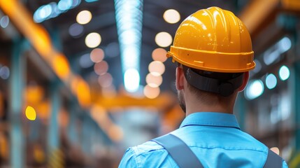 Wall Mural - builder in hard hat looking at an industrial interior. Metal smelting plant