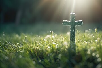 Wall Mural - Christian cross in the green spring grass, Easter holiday concept