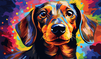 Wall Mural - Whimsical illustration of a Dachshund puppy with vibrant colorful abstract artwork painting background