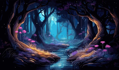 Wall Mural - mystical forest with bioluminescent plants vector isolated illustration