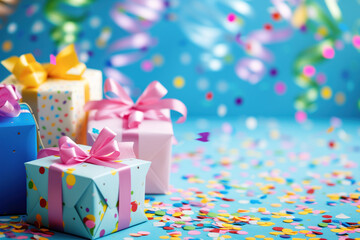 Poster - Colorful birthday gifts slide background.. Created with Generative AI technology