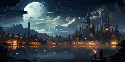 Wall Mural - painting of modern urban city at night ,illustration