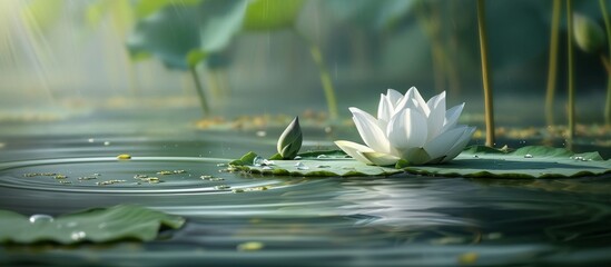 Poster - A water lily, an aquatic plant, gracefully floats on a lily pad in a pond, adding beauty to the natural landscape.