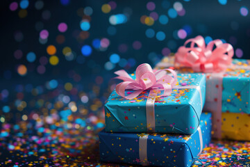 Poster - Colorful birthday gifts slide background.. Created with Generative AI technology