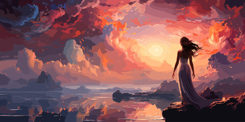 Wall Mural - beautiful scenery of the woman standing alone on a wooden pier looking at colorful clouds in the sky, digital art style, illustration painting
