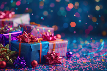 Poster - Colorful birthday gifts slide background.. Created with Generative AI technology
