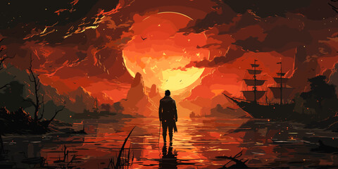 Wall Mural - A man standing in a river with his shipwreck against the background of the sky upside down, digital art style, illustration painting