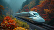 Illustration of a modern bullet train from the side view in a rural area. Modern transport, unusual background.