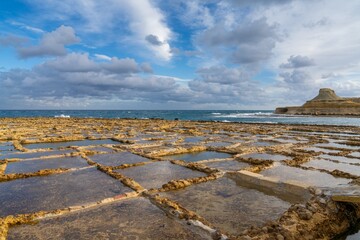 Canvas Print - view of the salt pans in Xwejni Bay on the Maltese island of Gozo