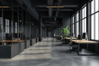 © ttonaorh - Interior of modern coworking office with black walls, concrete floor, rows of computer tables and panoramic windows