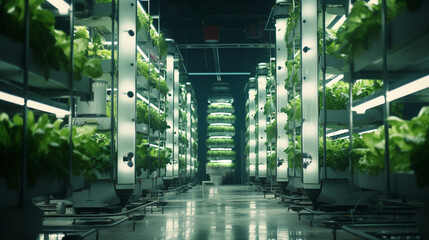 Poster - modern agriculture technology vertical farming inside the building, green tech