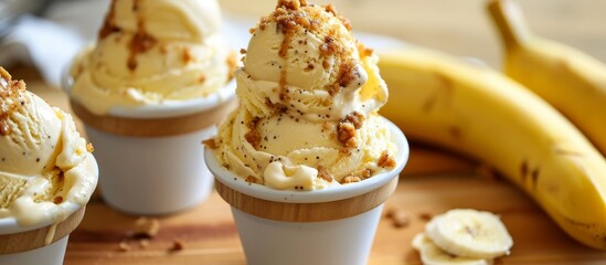 Poster - Three cups of banana ice cream, a frozen dessert, are placed on a wooden table alongside fresh bananas.