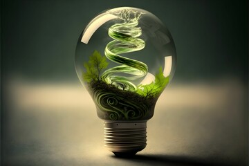 AI-generated illustration of a lightbulb with a forest growing inside - Energy Produce concept