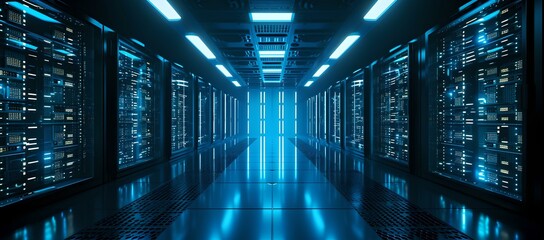 Aufkleber - Futuristic data center with blue lights. servers and high-tech interior. concept of cloud computing and cyber security. AI
