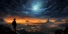 Night Scenery Of A Boy Looking The Meteor In The Colorful Sky, Digital Art Style, Illustration Painting With Textures