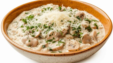 Wall Mural - Mushroom Risotto, creamy mushroom risotto garnished with fresh herbs and grated parmesan cheese, background image, generative AI