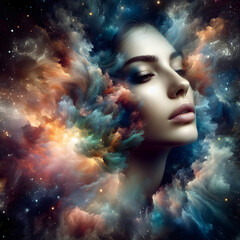  beautiful fantasy abstract portrait of a beautiful woman double exposure with a colorful digital paint splash or space nebula