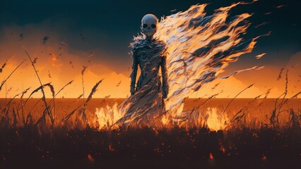 A ghost is standing in a field of flames, illustration painting - AI generated