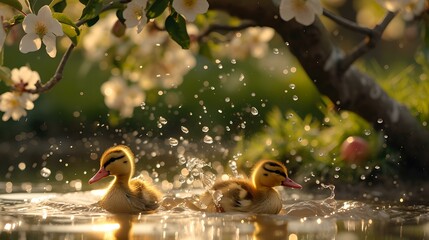 Poster - Idyllic scene with ducklings swimming under blossoming tree. tranquil nature beauty, springtime concept, peaceful wildlife. AI