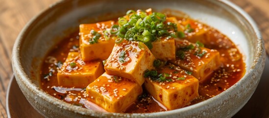 Poster - A dish of Mapo doufu, a staple food in Chinese cuisine, made with tofu, vegetables, and a flavorful sauce, placed on a table.