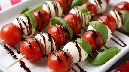 Wall Mural - Caprese Skewers, skewers of cherry tomatoes, mozzarella balls, and fresh basil leaves, background image, generative AI