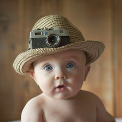 baby photographer concept with a surprised look, great for early childhood development and photograp