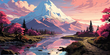 A Lakeside Walkway With Beautiful Mountain Scenery In The Background In Anime Style Vector Flat Bright Colors